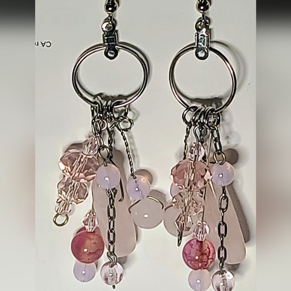 Genuine, Hand Crafted Rose Quartz Drop Hoop, Dangle Earrings